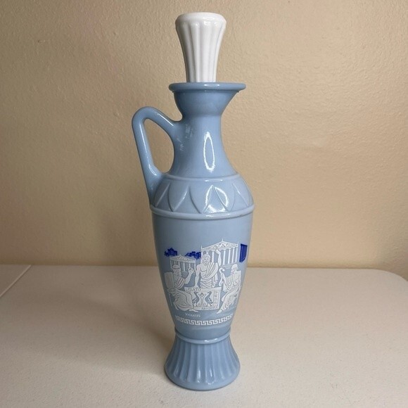 Vintage 1961 Jim Beam Grecian Style Blue Milk Glass Decanter Cork Lid Plato - Picture 11 of 13